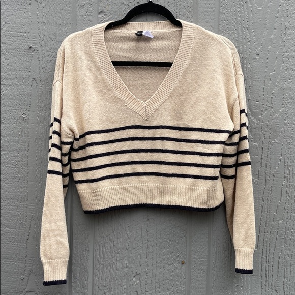 H&M Sweaters - H&M Cream and Black Striped V-Neck Sweater Size: S